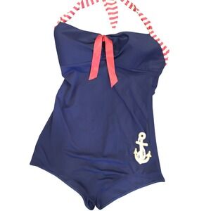 Cocoship‎ Womens Navy Blue Nautical Anchor One Piece Swimsuit Red Striped 3XL